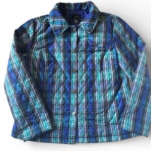 RQT Quilted Plaid Jacket Blue Teal Diamond Stitch Lined Button Front Large